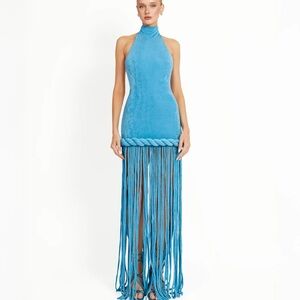 Chic Blue Halter Mini Dress with Fringe